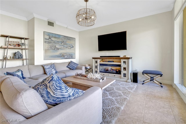 tiled living room with ornamental molding and an inviting chandelier