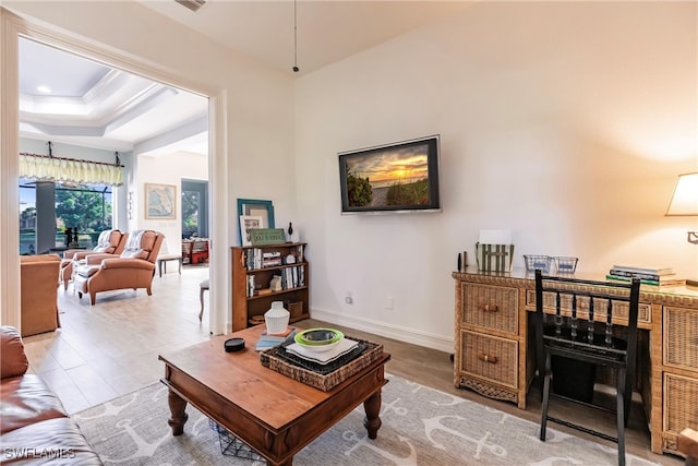 living room featuring crown molding, a tray ceiling, and hardwood / wood-style floors