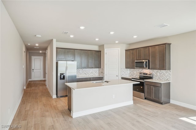 kitchen featuring light wood-type flooring, sink, an island with sink, decorative backsplash, and appliances with stainless steel finishes