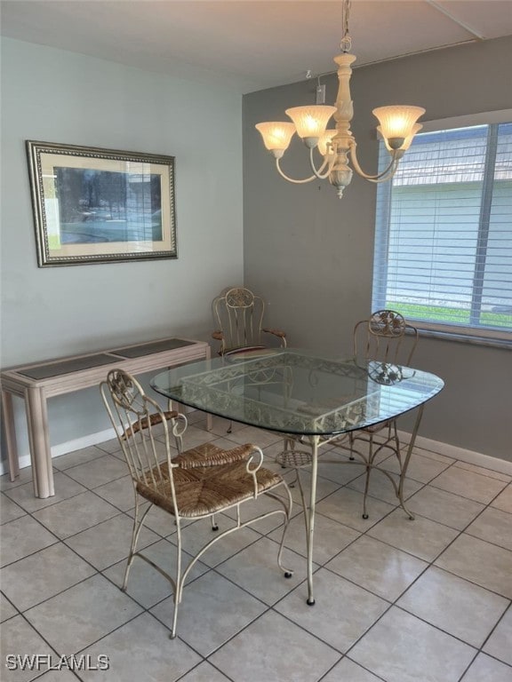 unfurnished dining area with light tile patterned flooring and a chandelier