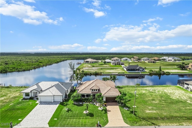 drone / aerial view with a water view and a residential view