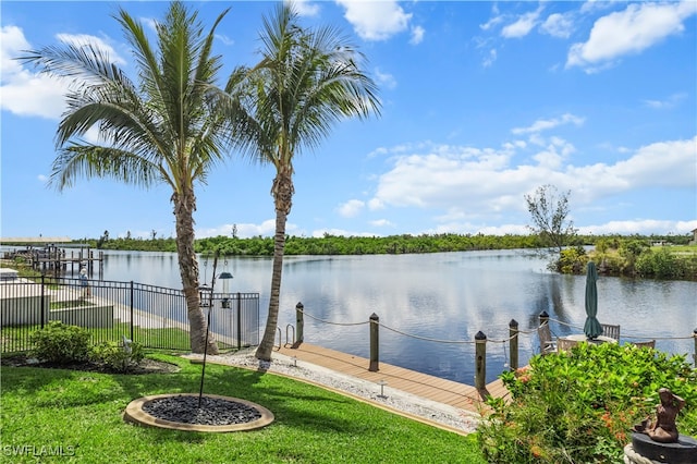 exterior space featuring a boat dock and fence