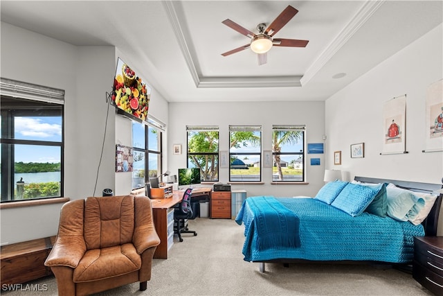 bedroom with a raised ceiling, light carpet, and ceiling fan