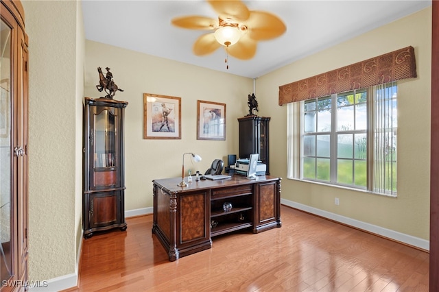 home office featuring light hardwood / wood-style floors and ceiling fan