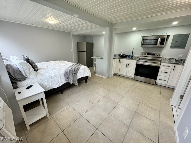 bedroom with light tile patterned flooring, stainless steel fridge, electric panel, and wooden ceiling