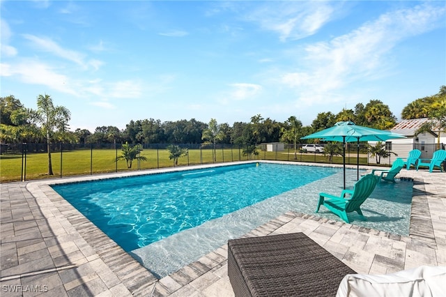 view of pool featuring a patio and a yard