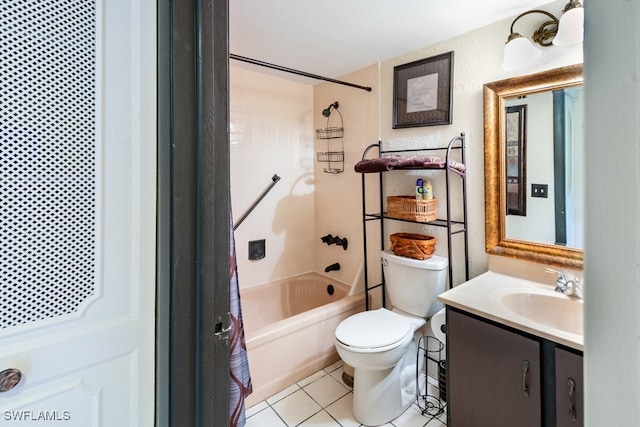 full bathroom with vanity, tile patterned flooring, toilet, and shower / tub combo with curtain