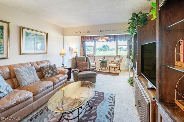 living room with a textured ceiling and carpet flooring