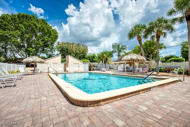 view of swimming pool featuring a gazebo and a patio area