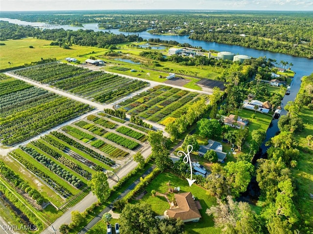 aerial view featuring a rural view and a water view