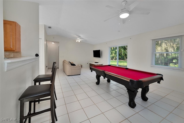 rec room featuring lofted ceiling, ceiling fan, pool table, and light tile patterned floors