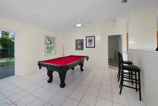 playroom with light tile patterned floors, lofted ceiling, ceiling fan, and billiards