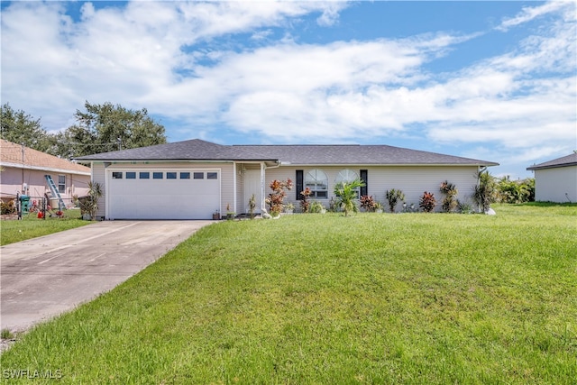 ranch-style house featuring a front yard and a garage