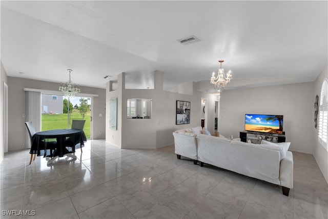 living room with a chandelier