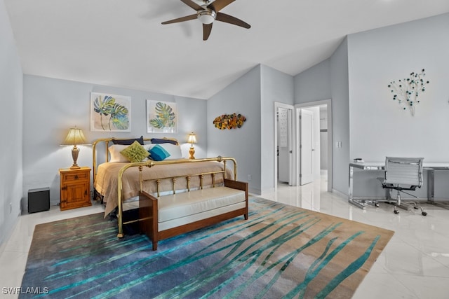 bedroom with ceiling fan and lofted ceiling