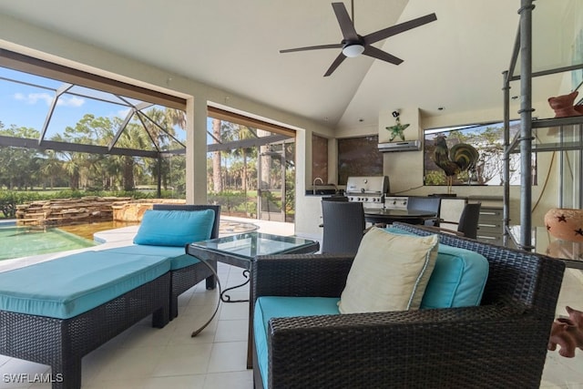 view of patio featuring glass enclosure, a grill, an outdoor hangout area, ceiling fan, and pool water feature