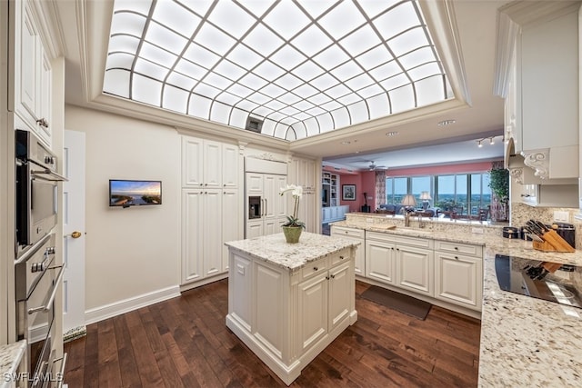 kitchen with ceiling fan, sink, light stone counters, dark hardwood / wood-style flooring, and white cabinets