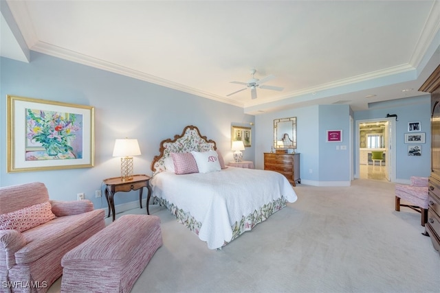 bedroom featuring ceiling fan, crown molding, and light colored carpet