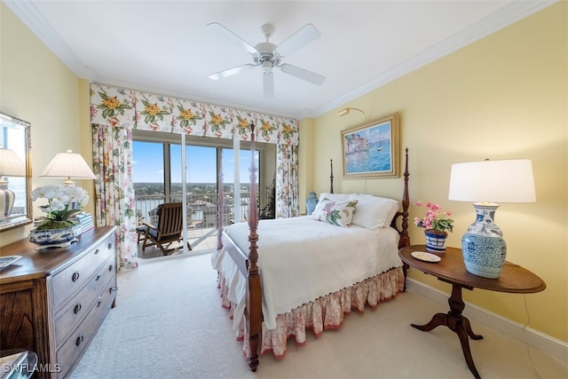 bedroom with ceiling fan, ornamental molding, light carpet, and access to outside