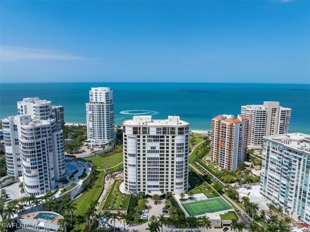 birds eye view of property featuring a water view