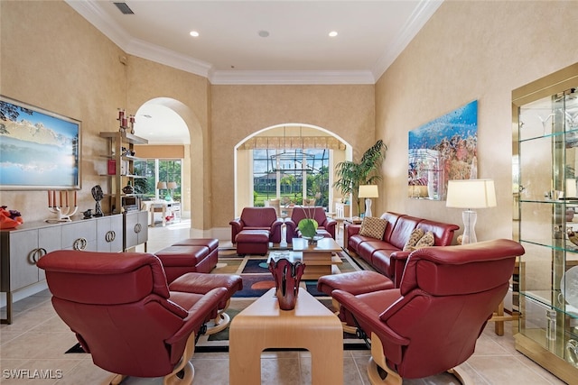 tiled living room with a high ceiling and crown molding