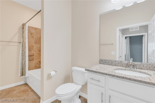 full bathroom featuring vanity, tile patterned flooring, toilet, and shower / bathtub combination with curtain