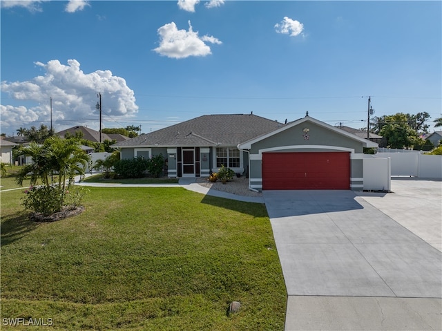 ranch-style house featuring a front lawn and a garage