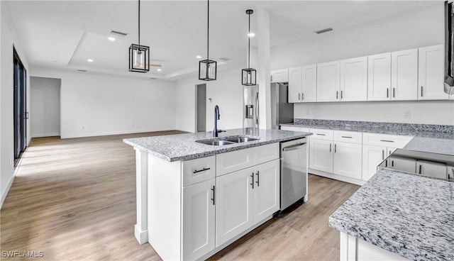 kitchen with pendant lighting, a center island with sink, sink, appliances with stainless steel finishes, and white cabinetry