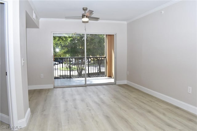 empty room with ceiling fan, ornamental molding, and light hardwood / wood-style floors