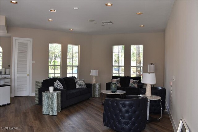 living room featuring dark wood-type flooring and a healthy amount of sunlight