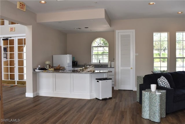 kitchen featuring white refrigerator, dark wood-type flooring, light stone counters, sink, and kitchen peninsula