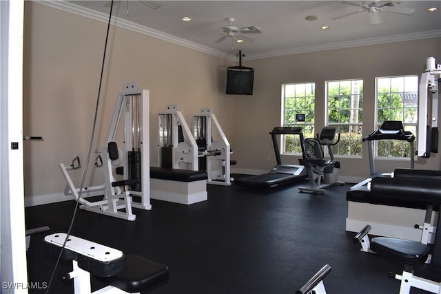 exercise room featuring ornamental molding and ceiling fan