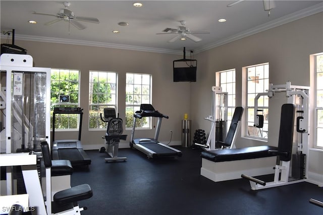 gym with ornamental molding and ceiling fan