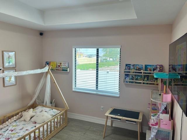 bedroom with a tray ceiling and hardwood / wood-style flooring