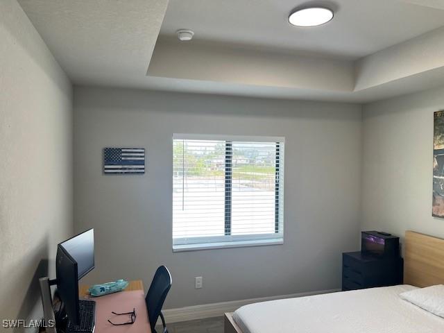 bedroom featuring wood-type flooring and a tray ceiling