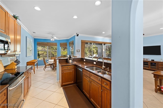 kitchen with a healthy amount of sunlight, ornamental molding, sink, and stainless steel appliances