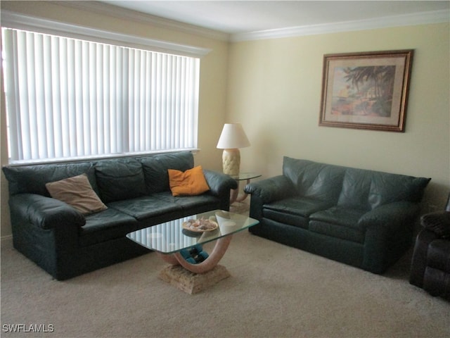 living room featuring carpet flooring and crown molding