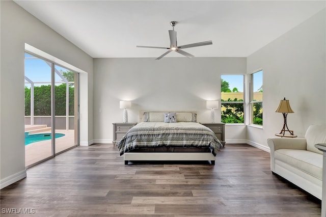 bedroom with access to outside, dark hardwood / wood-style flooring, and ceiling fan