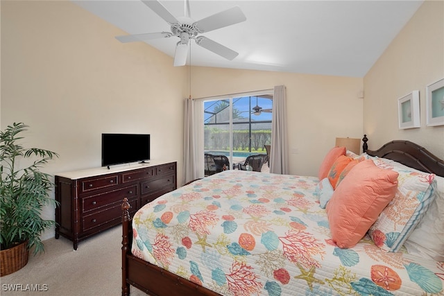 bedroom featuring vaulted ceiling, ceiling fan, light colored carpet, and access to exterior