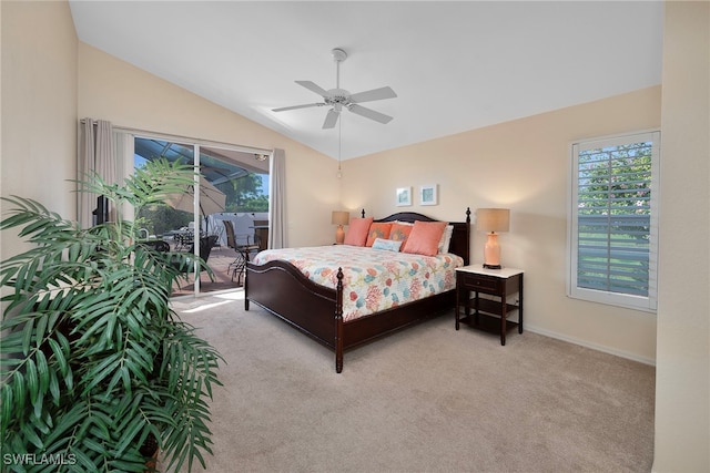 bedroom featuring lofted ceiling, light carpet, ceiling fan, and access to exterior