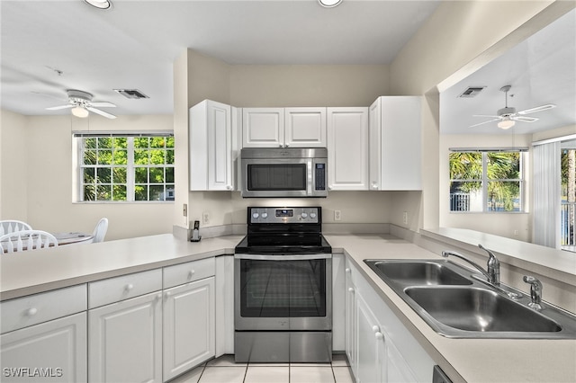 kitchen with ceiling fan, appliances with stainless steel finishes, plenty of natural light, and sink