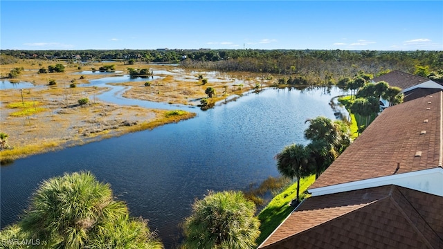 drone / aerial view featuring a water view