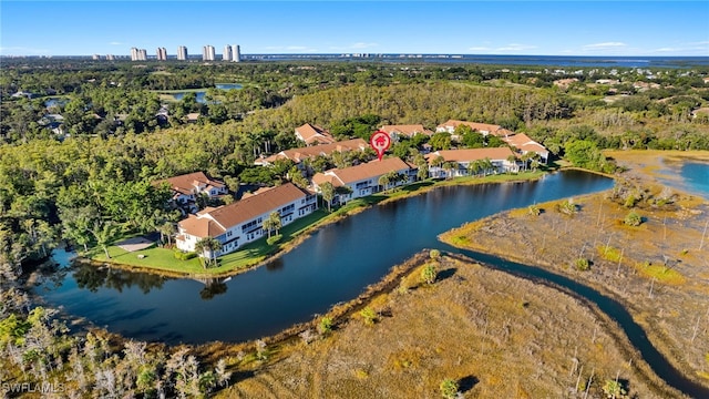 bird's eye view with a water view