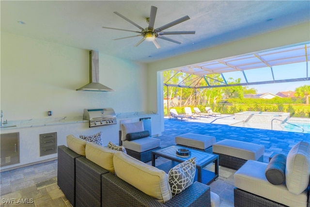 view of patio / terrace with ceiling fan, area for grilling, an outdoor hangout area, and glass enclosure