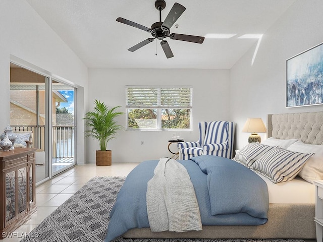 tiled bedroom with ceiling fan and access to outside