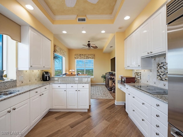 455 Cove Tower Dr Unit 1704, Naples, FL 34110 - kitchen with a raised ceiling, electric stovetop, built in fridge, light wood finished floors, and a ceiling fan
