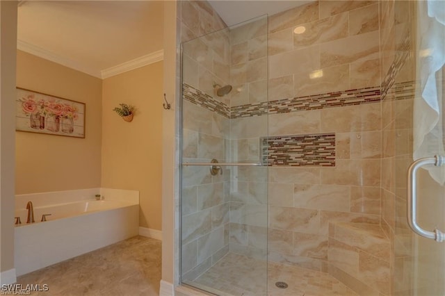 bathroom featuring plus walk in shower, tile patterned flooring, and ornamental molding