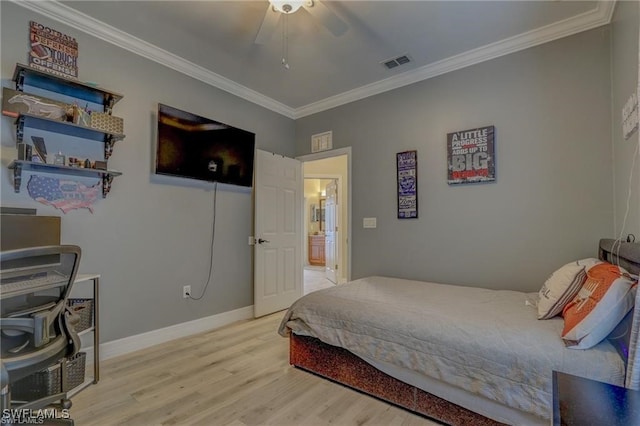 bedroom featuring light wood-type flooring, ceiling fan, and crown molding