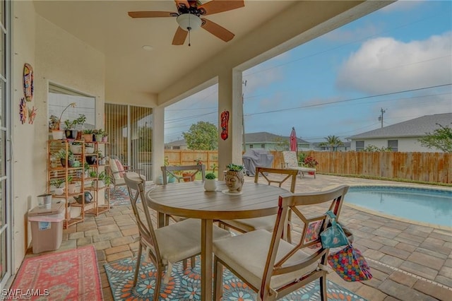 view of patio with a fenced in pool and ceiling fan