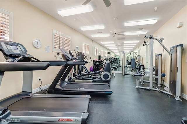 workout area featuring ceiling fan